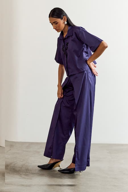 Shop_Notsosure_Purple Cotton Embroidery Collared Flower Shirt _Online_at_Aza_Fashions