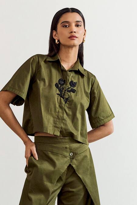 Notsosure_Olive Green Cotton Embroidery Collared Flower Cropped Shirt With Pant _Online_at_Aza_Fashions