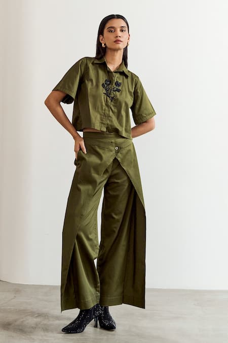 Notsosure Flower Embroidered Cropped Shirt With Pant 