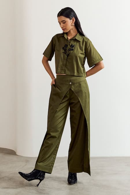 Buy_Notsosure_Olive Green Cotton Embroidery Collared Flower Cropped Shirt _Online_at_Aza_Fashions