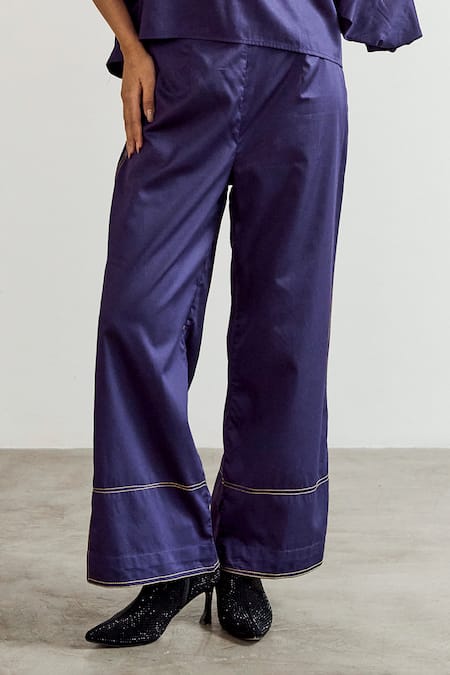 Notsosure_Purple Cotton Embroidery Collared, V-neck Placement Shirt With Pant _Online_at_Aza_Fashions