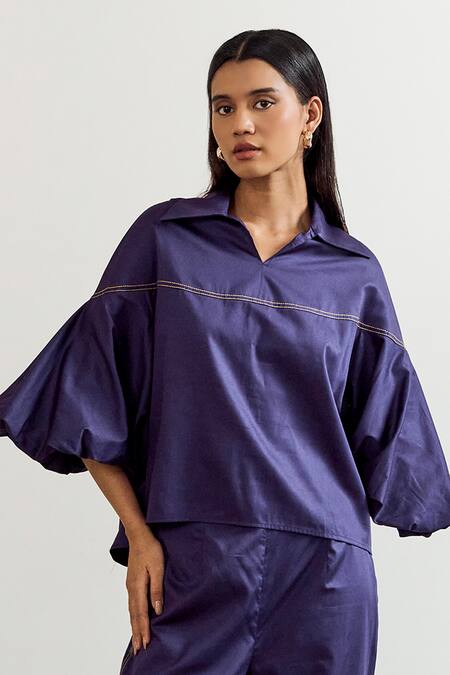 Buy_Notsosure_Purple Cotton Embroidery Collared, V-neck Placement Shirt With Pant _Online_at_Aza_Fashions