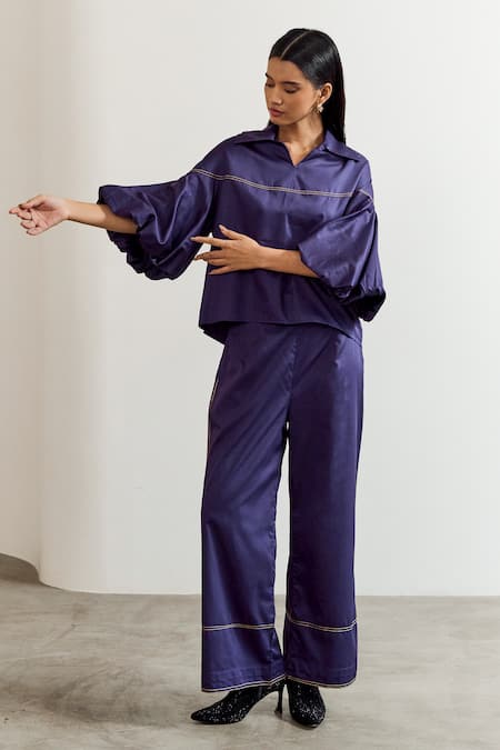 Shop_Notsosure_Purple Cotton Embroidery Collared, V-neck Placement Shirt With Pant _Online_at_Aza_Fashions
