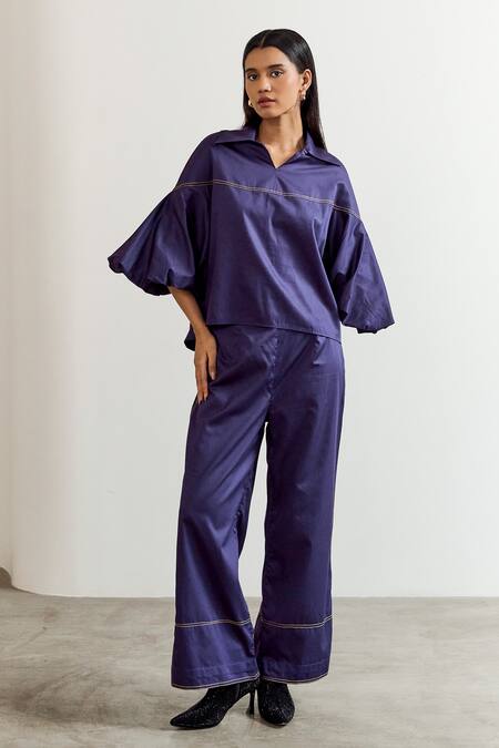 Shop_Notsosure_Purple Cotton Split V-neck Placement Embroidered Shirt _Online_at_Aza_Fashions