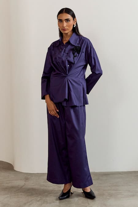 Shop_Notsosure_Purple Cotton Fabric Flowers, Sequins Collared Embroidered Shirt And Pant Set _Online_at_Aza_Fashions