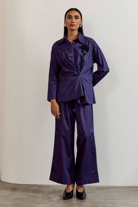 Notsosure_Purple Cotton Fabric Flowers, Sequins Collared Embroidered Shirt And Pant Set _at_Aza_Fashions
