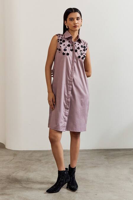 Notsosure_Purple Cotton Fabric Flowers Collared Scatter Embroidered Dress _Online_at_Aza_Fashions