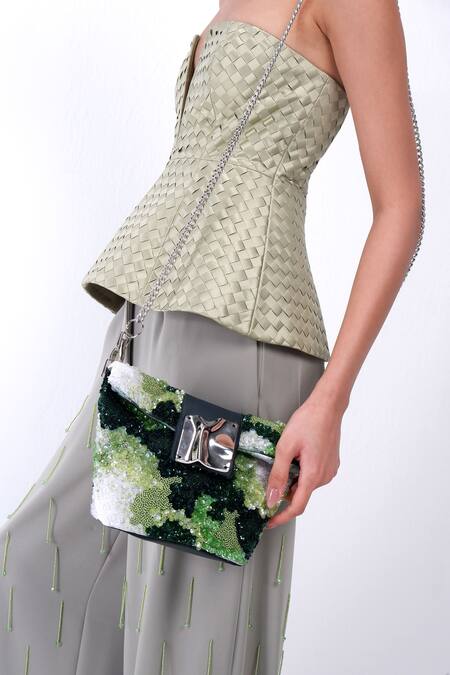 Buy_Siddhant Agrawal_Green Beads, Sequins Frozen Lichen Bag _Online_at_Aza_Fashions