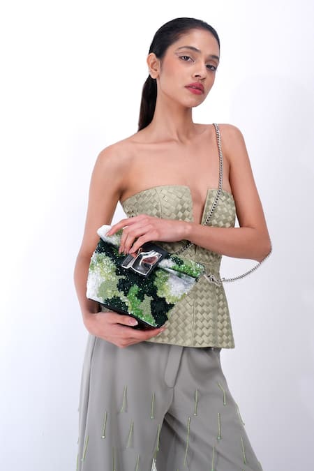 Shop_Siddhant Agrawal_Green Beads, Sequins Frozen Lichen Bag _Online_at_Aza_Fashions