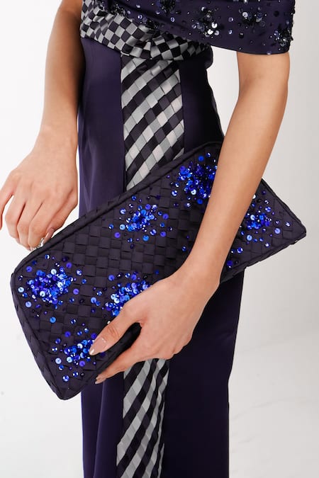 Siddhant Agrawal_Navy Beads, Embroidery, Sequins Lunar Moss Clutch _at_Aza_Fashions