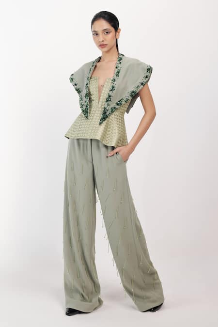 Siddhant Agrawal_Green Embroidery, Beads, Sequins Coral Fade Scarf _Online_at_Aza_Fashions