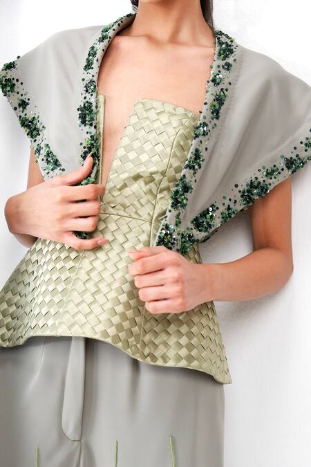 Buy_Siddhant Agrawal_Green Embroidery, Beads, Sequins Coral Fade Scarf _Online_at_Aza_Fashions