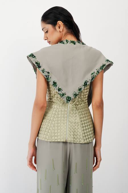 Shop_Siddhant Agrawal_Green Embroidery, Beads, Sequins Coral Fade Scarf _Online_at_Aza_Fashions