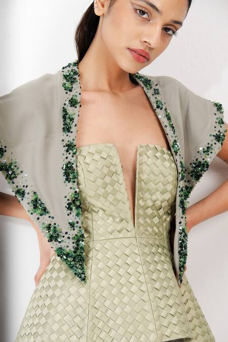 Siddhant Agrawal_Green Embroidery, Beads, Sequins Coral Fade Scarf _at_Aza_Fashions