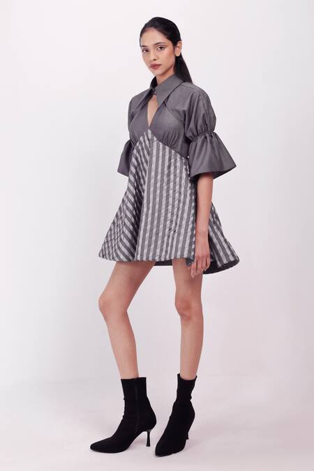 Siddhant Agrawal_Gray Polyester, Satin Collared, V-neck Dovemire Dress _Online_at_Aza_Fashions
