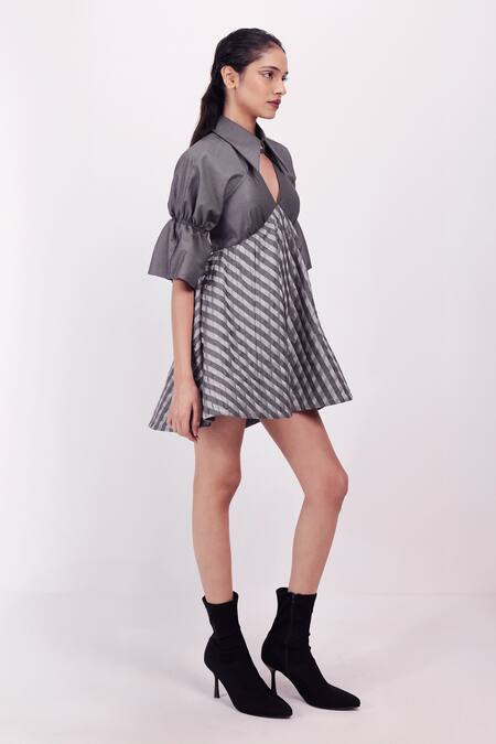 Buy_Siddhant Agrawal_Gray Polyester, Satin Collared, V-neck Dovemire Dress _Online_at_Aza_Fashions