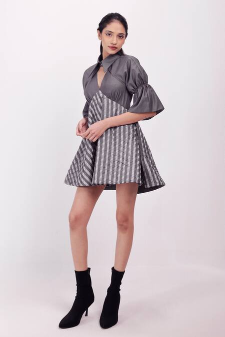 Shop_Siddhant Agrawal_Gray Polyester, Satin Collared, V-neck Dovemire Dress _Online_at_Aza_Fashions
