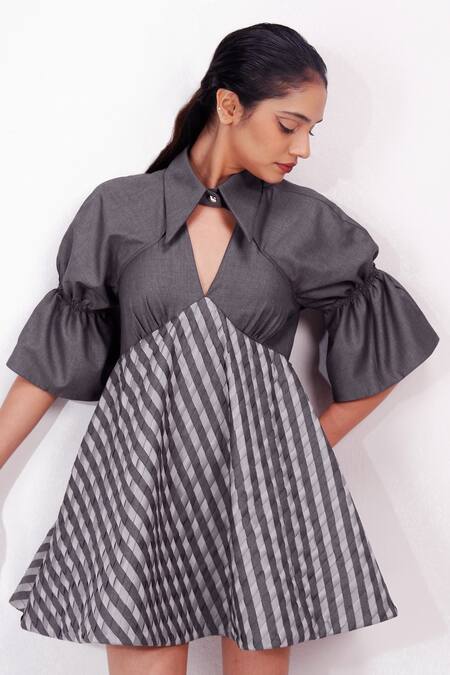 Buy_Siddhant Agrawal_Gray Polyester, Satin Collared, V-neck Dovemire Dress 