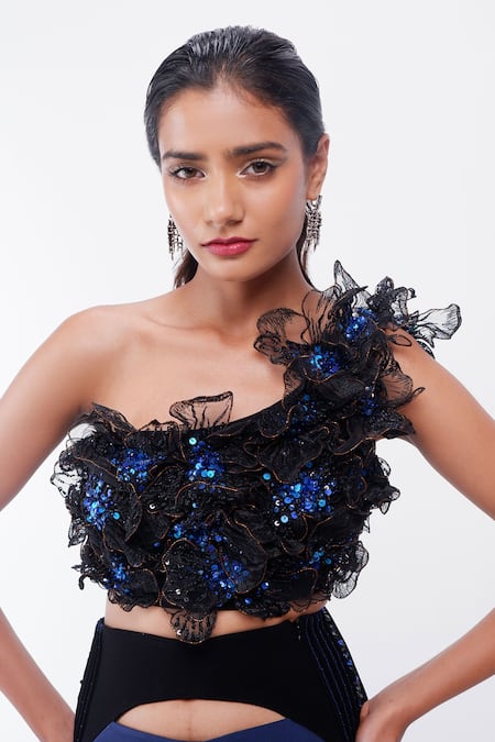 Shop_Siddhant Agrawal_Black Crepe Fabric Flowers, Embroidery, Sequins One Shoulder Feralush Crest Top _Online_at_Aza_Fashions