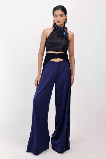 Buy Siddhant Agrawal Blue Crepe, Polyester Beads, Tassels Feralush Asymmetric Trouser Online at Aza Fashions Buy_Siddhant Agrawal_Blue Crepe, Polyester Beads, Tassels Feralush Asymmetric Trouser _Online_at_Aza_Fashions