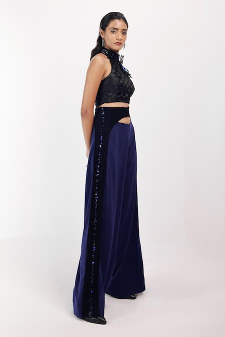 Shop Siddhant Agrawal Blue Crepe, Polyester Beads, Tassels Feralush Asymmetric Trouser Online at Aza Fashions Shop_Siddhant Agrawal_Blue Crepe, Polyester Beads, Tassels Feralush Asymmetric Trouser _Online_at_Aza_Fashions