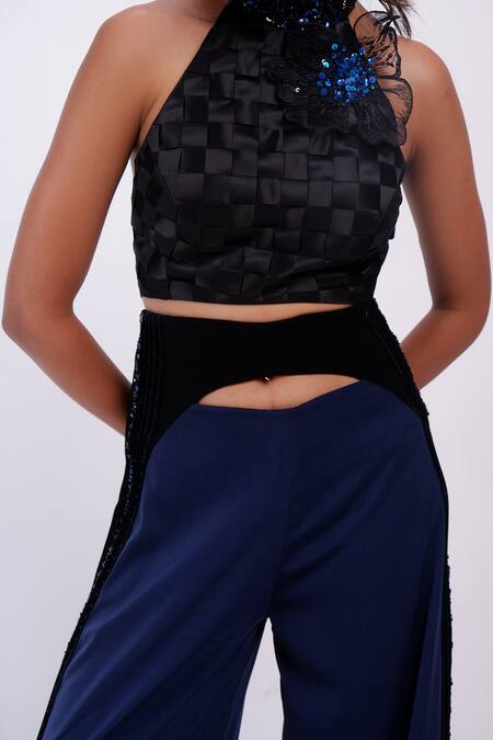 Shop Siddhant Agrawal Blue Crepe, Polyester Beads, Tassels Feralush Asymmetric Trouser Shop_Siddhant Agrawal_Blue Crepe, Polyester Beads, Tassels Feralush Asymmetric Trouser