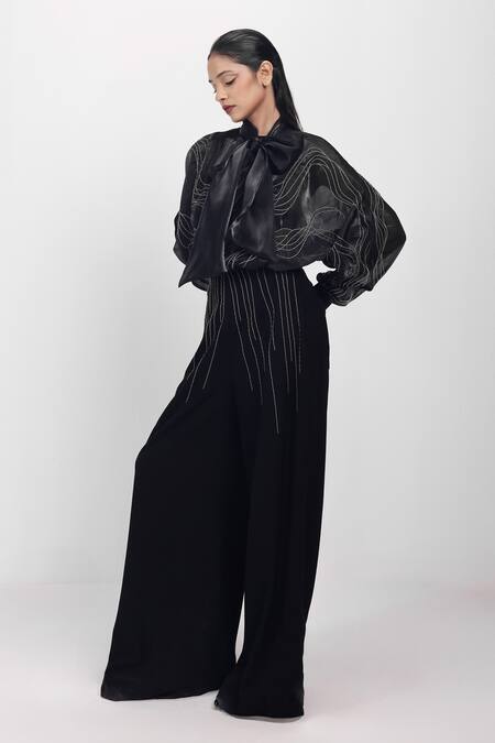 Siddhant Agrawal Black Organza, Cotton Embroidery, Bows High Neck Ashroot Whorl Bodysuit Online at Aza Fashions Siddhant Agrawal_Black Organza, Cotton Embroidery, Bows High Neck Ashroot Whorl Bodysuit _Online_at_Aza_Fashions
