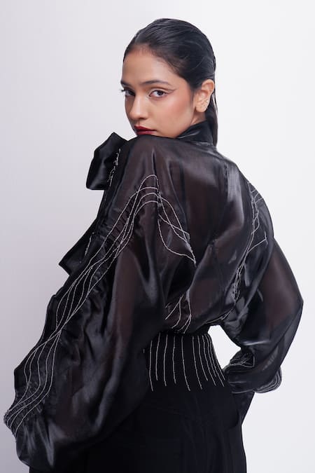 Shop_Siddhant Agrawal_Black Organza, Cotton Embroidery, Bows High Neck Ashroot Whorl Bodysuit _Online_at_Aza_Fashions