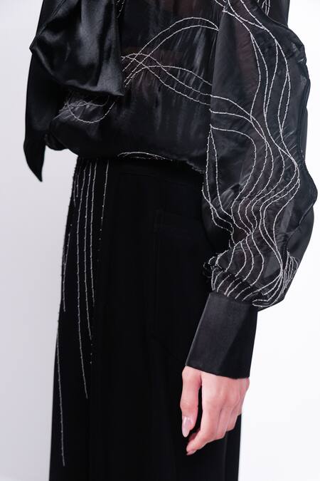 Siddhant Agrawal Black Organza, Cotton Embroidery, Bows High Neck Ashroot Whorl Bodysuit at Aza Fashions Siddhant Agrawal_Black Organza, Cotton Embroidery, Bows High Neck Ashroot Whorl Bodysuit _at_Aza_Fashions