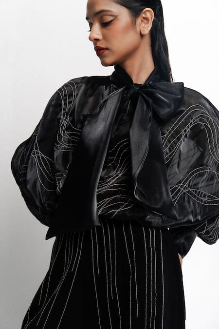 Buy Siddhant Agrawal Black Organza, Cotton Embroidery, Bows High Neck Ashroot Whorl Bodysuit Buy_Siddhant Agrawal_Black Organza, Cotton Embroidery, Bows High Neck Ashroot Whorl Bodysuit