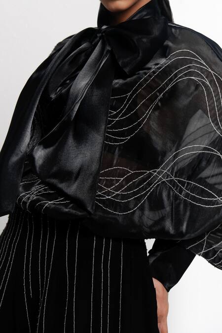 Shop Siddhant Agrawal Black Organza, Cotton Embroidery, Bows High Neck Ashroot Whorl Bodysuit Shop_Siddhant Agrawal_Black Organza, Cotton Embroidery, Bows High Neck Ashroot Whorl Bodysuit
