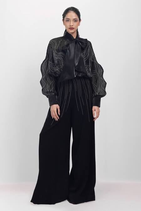 Buy_Siddhant Agrawal_Black Polyester Embroidery Ashroot Rift Trouser _Online_at_Aza_Fashions