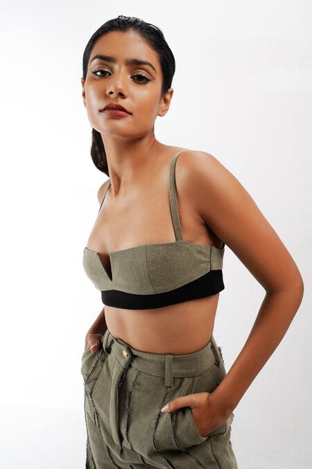 Buy_Siddhant Agrawal_Green Cotton V-neck Rawfern Sculpted Bralette _Online_at_Aza_Fashions