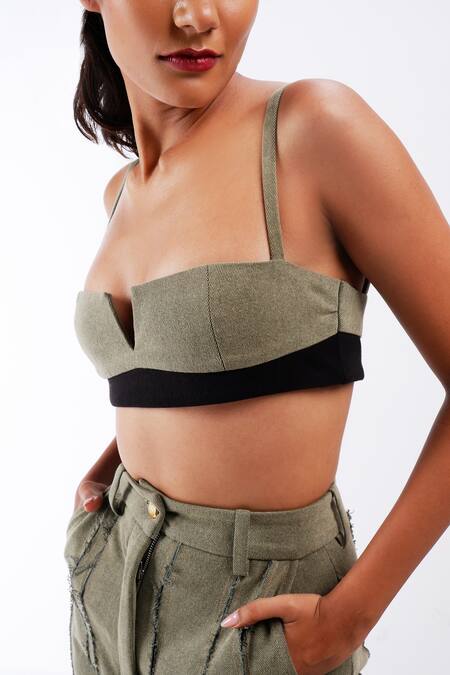 Shop_Siddhant Agrawal_Green Cotton V-neck Rawfern Sculpted Bralette _Online_at_Aza_Fashions