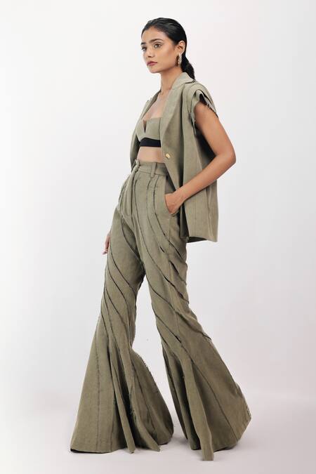 Siddhant Agrawal_Green Denim, Cotton Cut Work Rawfern Bell Bottom Trouser _Online_at_Aza_Fashions