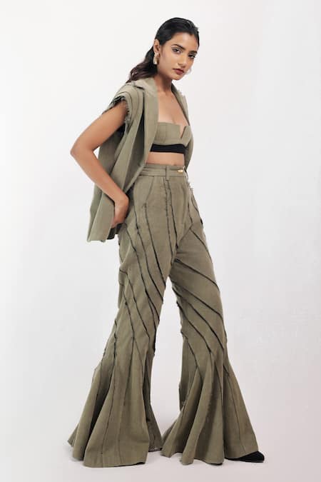 Shop_Siddhant Agrawal_Green Denim, Cotton Cut Work Rawfern Bell Bottom Trouser _Online_at_Aza_Fashions