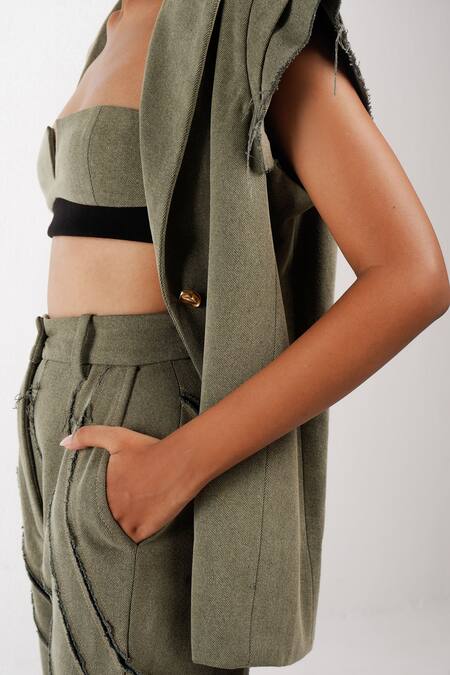 Siddhant Agrawal_Green Denim, Cotton Cut Work Rawfern Bell Bottom Trouser _at_Aza_Fashions