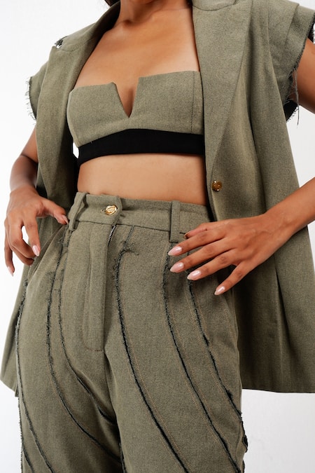 Buy_Siddhant Agrawal_Green Denim, Cotton Cut Work Rawfern Bell Bottom Trouser 