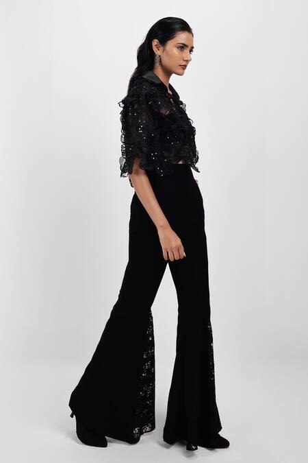 Siddhant Agrawal_Black Tulle, Satin, Cotton Embroidery, Sequins Collared Eclipse Bloom Top _Online_at_Aza_Fashions