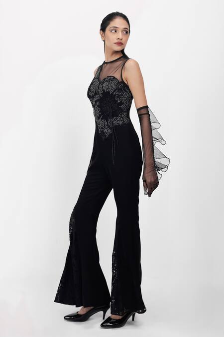 Siddhant Agrawal_Black Cotton, Tulle, Silk, Lace Embroidery, Ashen Blossom Applique Jumpsuit _Online_at_Aza_Fashions