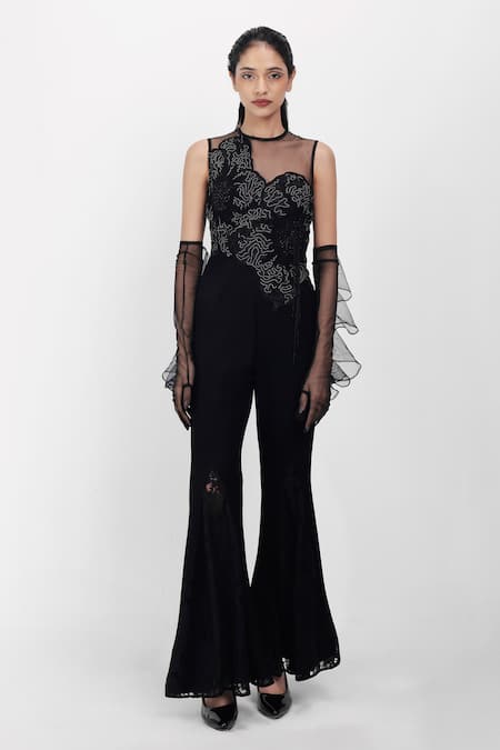Siddhant Agrawal Black Cotton, Tulle, Silk, Lace Embroidery, Ashen Blossom Applique Jumpsuit 