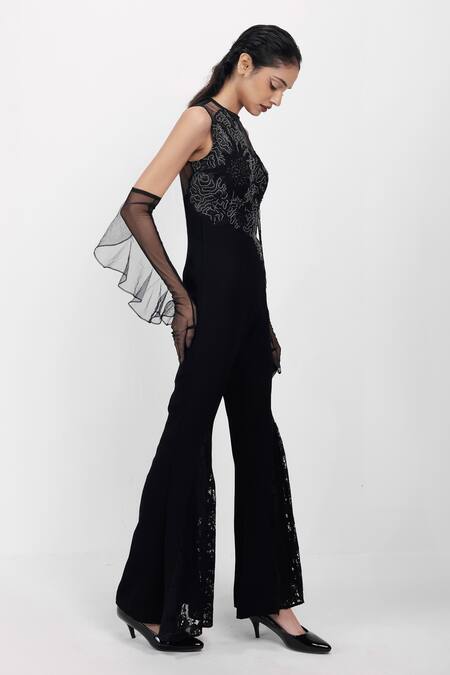 Buy_Siddhant Agrawal_Black Cotton, Tulle, Silk, Lace Embroidery, Ashen Blossom Applique Jumpsuit _Online_at_Aza_Fashions