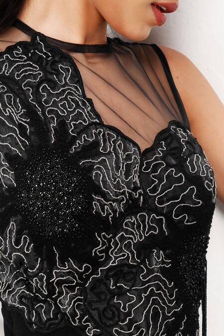 Siddhant Agrawal_Black Cotton, Tulle, Silk, Lace Embroidery, Ashen Blossom Applique Jumpsuit _at_Aza_Fashions
