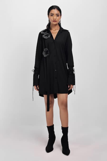 Siddhant Agrawal_Black Tencel, Cotton Embroidery, Fabric Flowers Ashvein Applique Shirt Dress _Online_at_Aza_Fashions