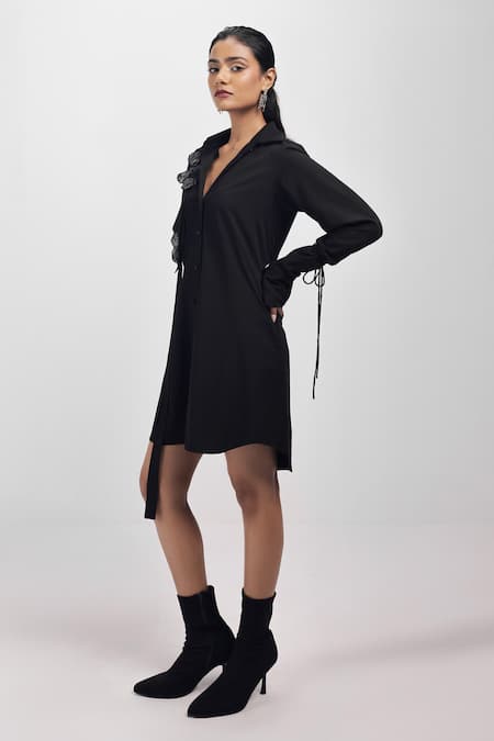 Buy_Siddhant Agrawal_Black Tencel, Cotton Embroidery, Fabric Flowers Ashvein Applique Shirt Dress _Online_at_Aza_Fashions