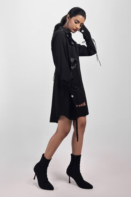 Shop_Siddhant Agrawal_Black Tencel, Cotton Embroidery, Fabric Flowers Ashvein Applique Shirt Dress _Online_at_Aza_Fashions