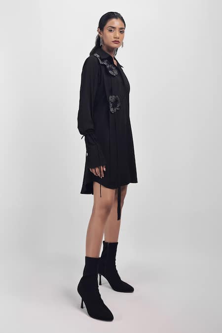 Siddhant Agrawal_Black Tencel, Cotton Embroidery, Fabric Flowers Ashvein Applique Shirt Dress _at_Aza_Fashions