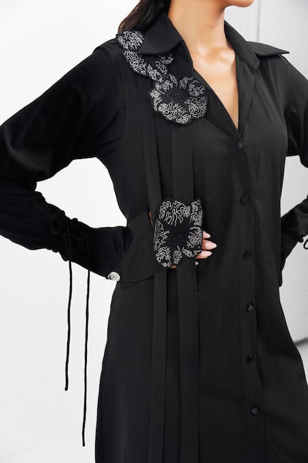 Buy_Siddhant Agrawal_Black Tencel, Cotton Embroidery, Fabric Flowers Ashvein Applique Shirt Dress 