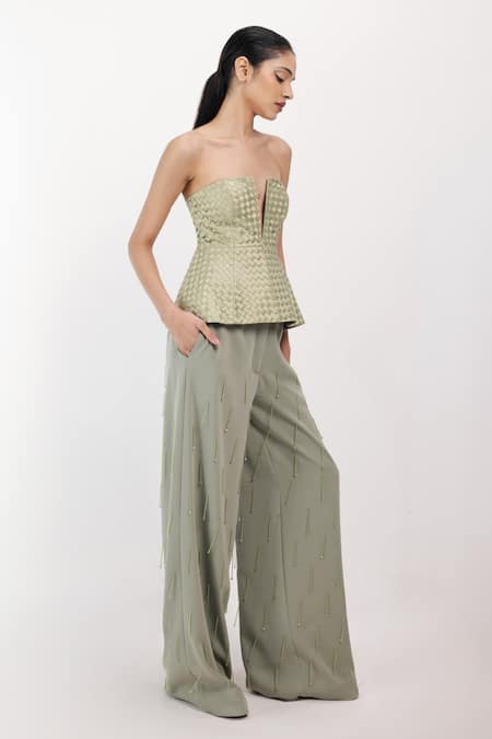 Siddhant Agrawal_Green Satin, Polyester Plunge Neck Woven Whisper Corset _Online_at_Aza_Fashions