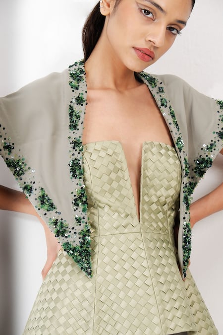 Shop_Siddhant Agrawal_Green Satin, Polyester Plunge Neck Woven Whisper Corset _Online_at_Aza_Fashions